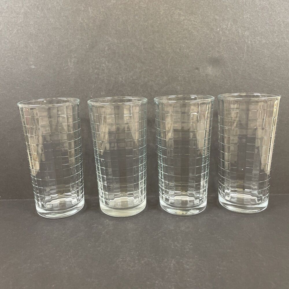 4 Pasabache Optic Block Clear 8 oz Tumblers 5" Geometric Grid Glasses Signed - Picture 2 of 6